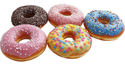 Flat lay of glazed donuts with colorful toppings, top-down angle, white background, PNG