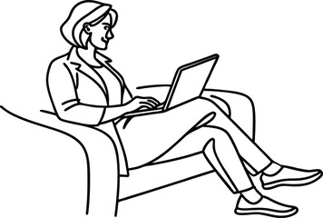 Woman Working On Laptop In Armchair Line Art Illustration Vector Graphic
