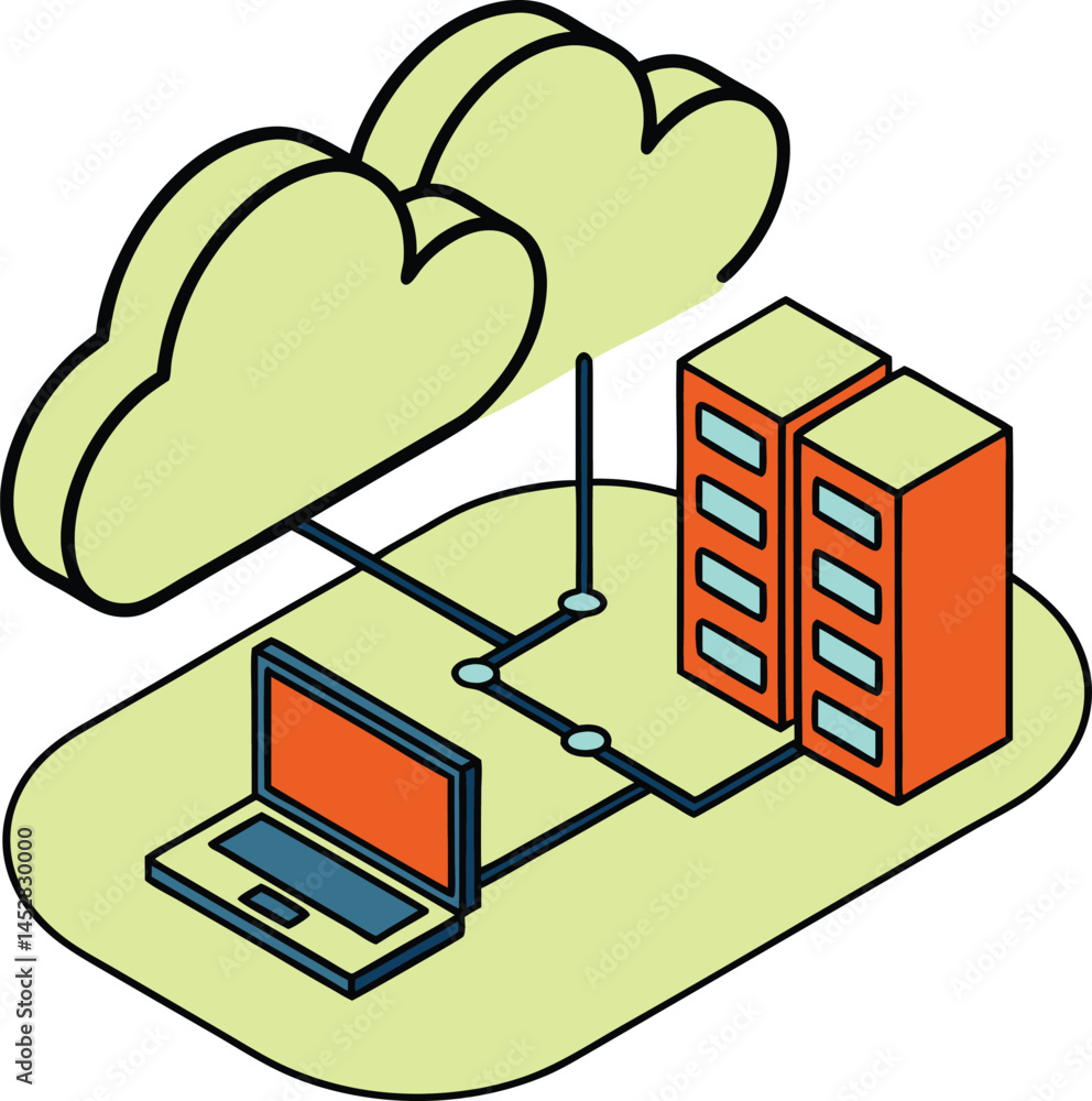 Poster cloud computing isometric illustration with laptop and servers connected networking