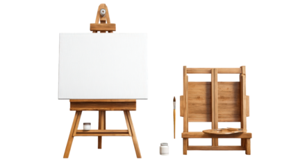 Wooden easels and blank canvas with artist brushes in a cup on white background, natural materials, painting tools concept for creativity and art workspace.
