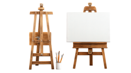 Wooden easels and blank canvas with artist brushes in a cup on white background, natural materials, painting tools concept for creativity and art workspace.