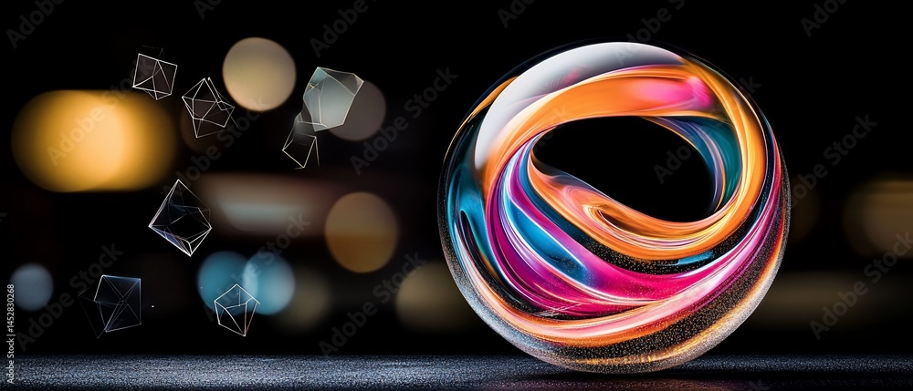 Poster sphere encasing colorful swirl with geometric shapes, bokeh background