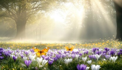 Butterfly on Crocus Flowers, Meadow Field, Blurred Forest Landscape, Sunlight, Nature