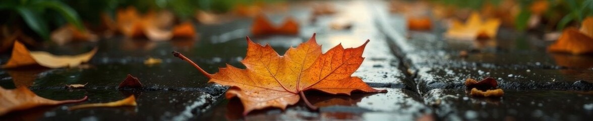 Rain-soaked orange leaf, sidewalk autumn texture, seasonal, orange, season