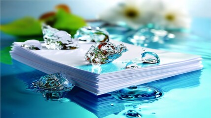 Stack of papers with melting ice, greenery, & flowers on blue liquid background