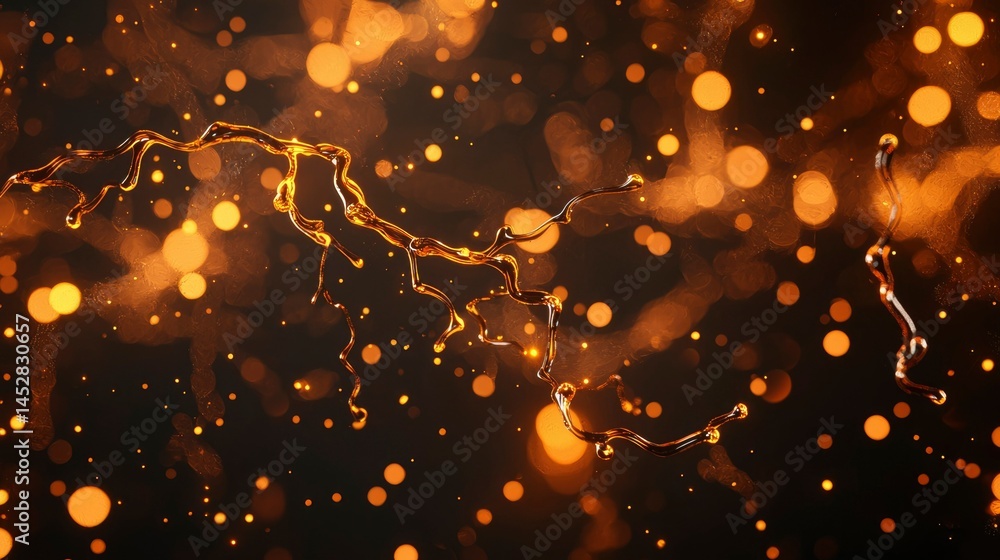 Poster glistening liquid stream on a dark backdrop with bokeh lights, creating a captivating effect