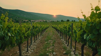 Naklejka premium Vineyard sunset landscape