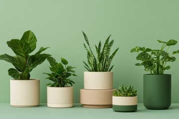 Fototapeta premium Assorted houseplants in minimalist pots sit against a light green backdrop, elegant arrangement