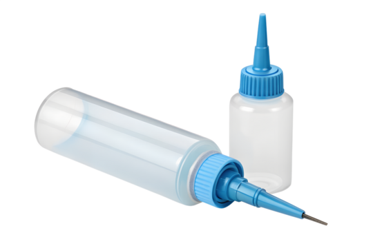 Two bottles with precision applicator tips for liquids and industrial applications