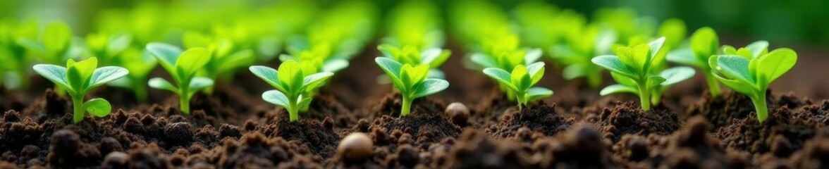 Fototapeta premium Rows of vibrant seedlings nestled amongst gardening tools in rich soil , rural, soil