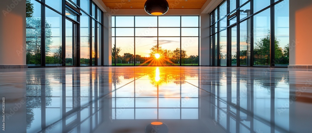 Poster sun shines into modern building with glossy floor and windows