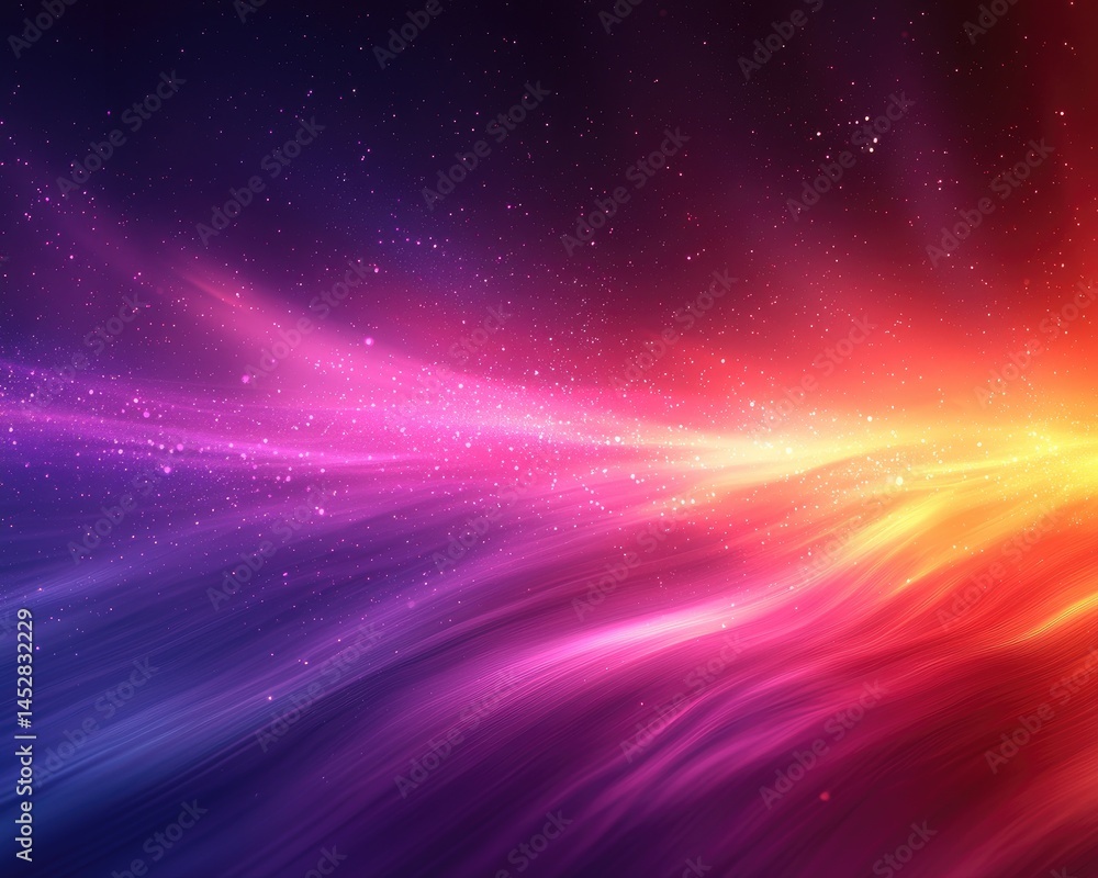 Poster colorful abstract wave pattern with glowing particles in a cosmic background