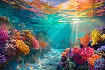 Fototapeta premium Vibrant coral reef teeming with life, sunbeams penetrating the crystal-clear water. A breathtaking underwater scene with diverse coral formations and colorful fish