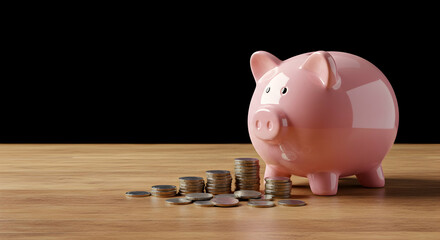 Charming Pink Piggy Bank Surrounded by Stacks of Coins on Table