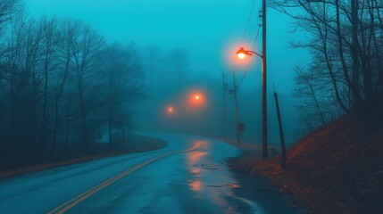 Misty Night Drive: Enigmatic Road Winding Through Foggy Woods Underneath the Glow of Streetlights