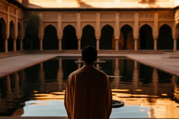 Naklejka premium Person stands, gazing at ornate building reflecting in water, illuminated by golden light