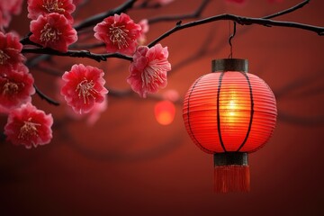 A red paper lantern hangs near flowering branches against red tones
