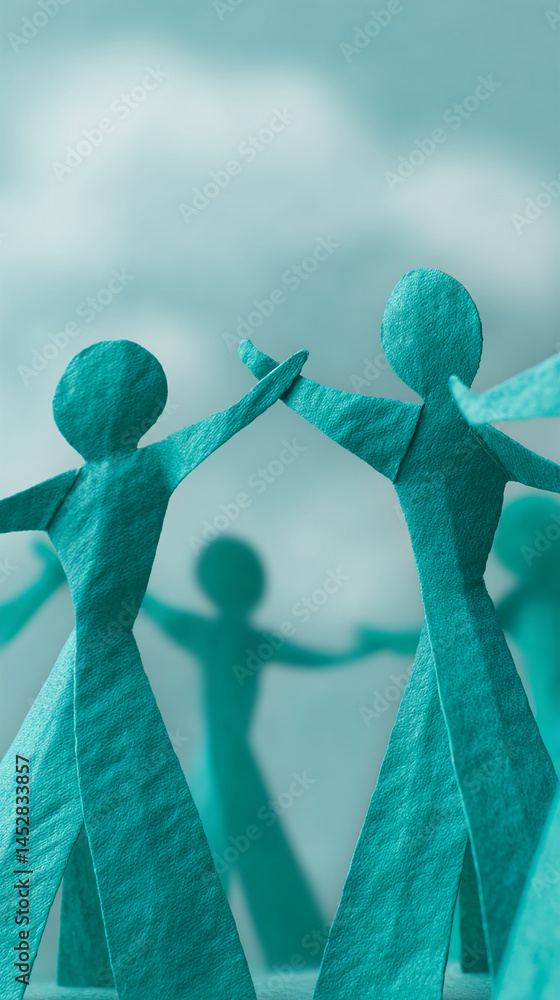 Poster teal paper figures interlocked, creating a sense of unity and collaboration against a blurred teal b