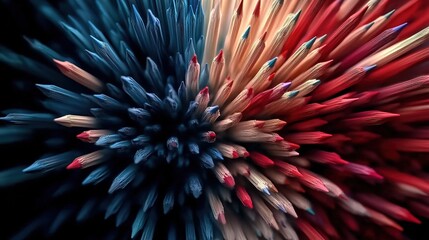 Fototapeta premium Close-up of radiating colored pencils in blue and red groups on a dark background.