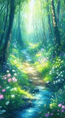 Obraz premium Enchanted forest path with sunlight and stream