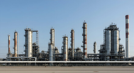 Obraz premium Industrial Complex with Distinctive Towers and Storage Tanks Under Blue Sky
