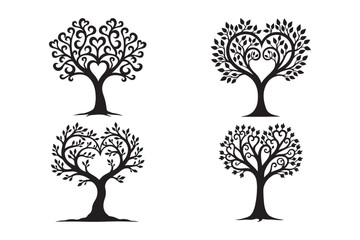 Heart Shaped Tree Silhouettes Romantic Nature Vector Set