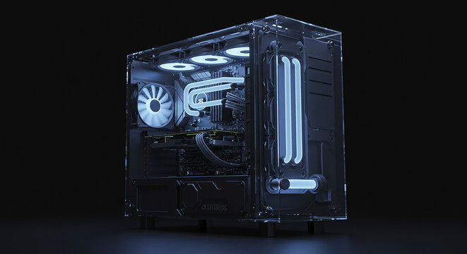 Modern transparent gaming pc with water cooling system lighting up in dark room