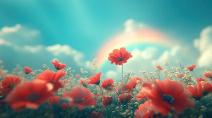 Obraz premium Crimson poppies under a dreamy rainbow sky, a pastoral fantasy scenery