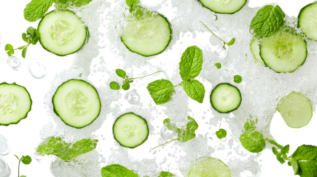 Top view of sparkling water with cucumber and mint slices, fresh summer vibe, PNG, white backdrop