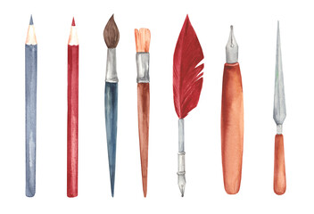 Set of watercolor illustrations with stationery traditions. Pens, pencils and brush isolated on white background. Ideal for artists seeking inspiration or organization in their workspace