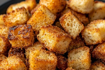 Close up of seasoned bread cubes, toasted golden and crispy. Texture and detail