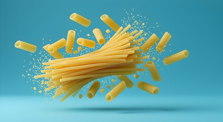 Yellow Pasta and Flour Flying in Air Against Turquoise Background