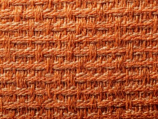 Jacquard woven coarse weave texture upholstery orange fabric. Textile background, furniture textile material, wallpaper, backdrop. Cloth structure close up, macro.