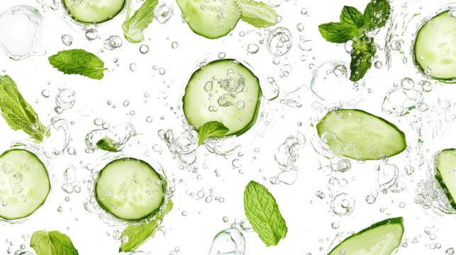 Top view of sparkling water with cucumber and mint slices, fresh summer vibe, PNG, white backdrop