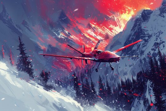 A red unmanned aircraft flies over a snowy mountain landscape