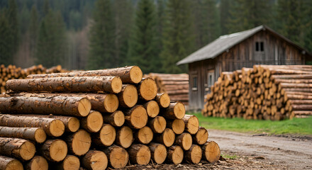Timber Logs Stacked Neatly Near Wooden Cabin in Natural Landscape