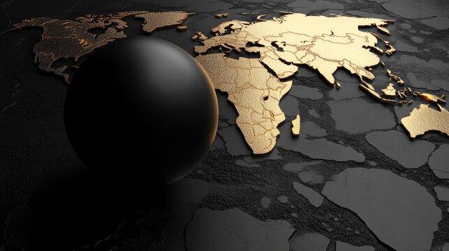 Global Connection Black Sphere on Gold World Map.