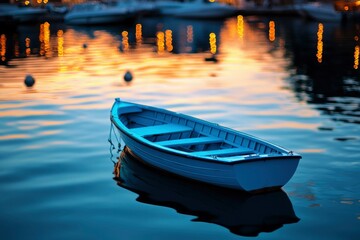 Obraz premium A blue rowboat rests calmly on the water, reflecting evening lights in the harbor