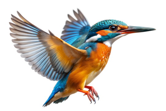 Kingfisher bird flying wildlife nature colorful animal wing isolated on transparent background.