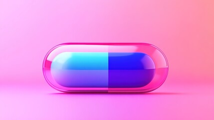 Transparent capsule half purple and half blue on pink background.