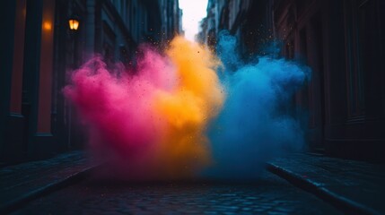 Colorful smoke bursts in a narrow city alley