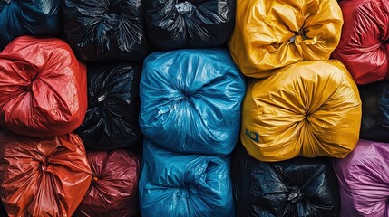 Pile of colorful wrinkled garbage bags in red, blue, yellow, black, and purple.