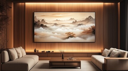 Modern living room with large landscape painting