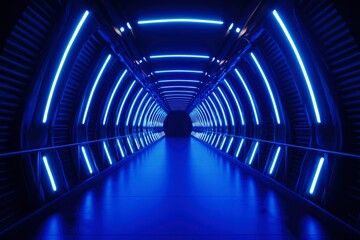 Futuristic hallway glows with vivid blue neon. Long tunnel with lights creating a modern scene