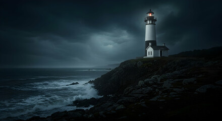 Naklejka premium Dramatic Lighthouse on Rocky Coast Under Stormy Sky at Dusk