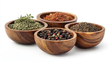 Various kind of spices in wooden bowls