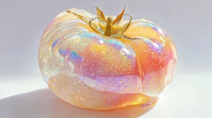 A single, iridescent tomato, reflecting light with a spectrum of colors. The tomato's skin is smooth and glossy, giving it a shimmering, almost otherworldly appearance.