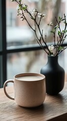 A cup of milk-like beverage on a wooden surface, a black vase with blooming branches next to it by a window.