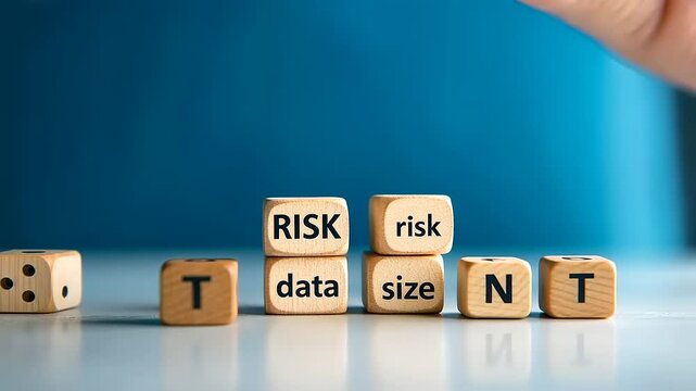 Hand holding dice over stacked wooden blocks. - Powered by Adobe