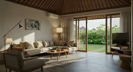 Modern Living Room Oasis with Natural Light and Green Garden View